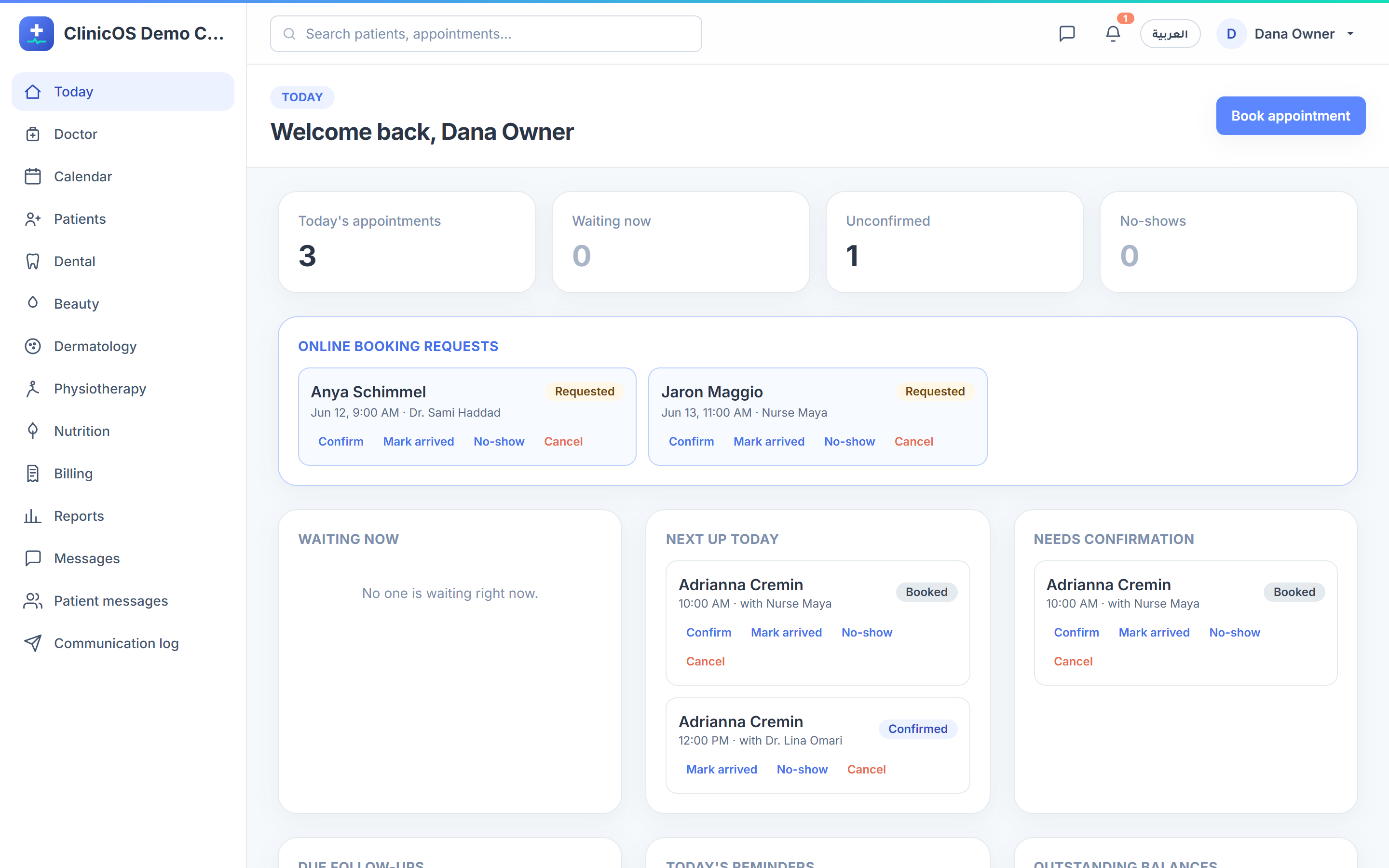 ClinicOS clinic dashboard — today's schedule