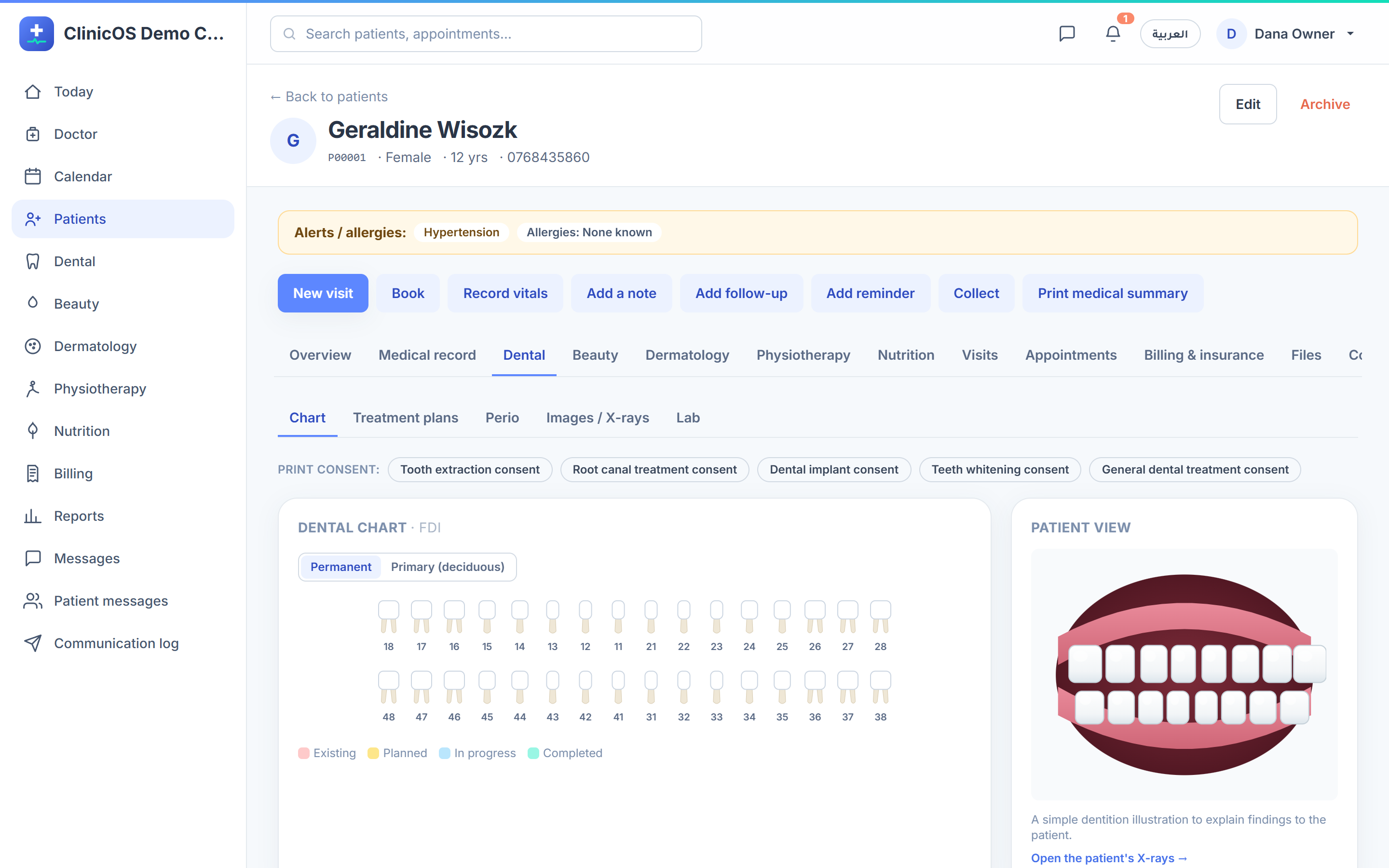 ClinicOS patient record with a visual dental odontogram
